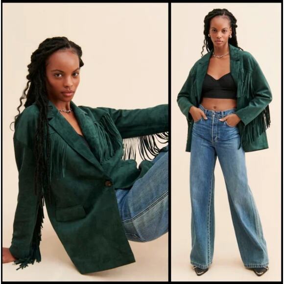 BLANK NYC Hunter Green Faux Suede Fringe Blazer Size L - Picture 6 of 10